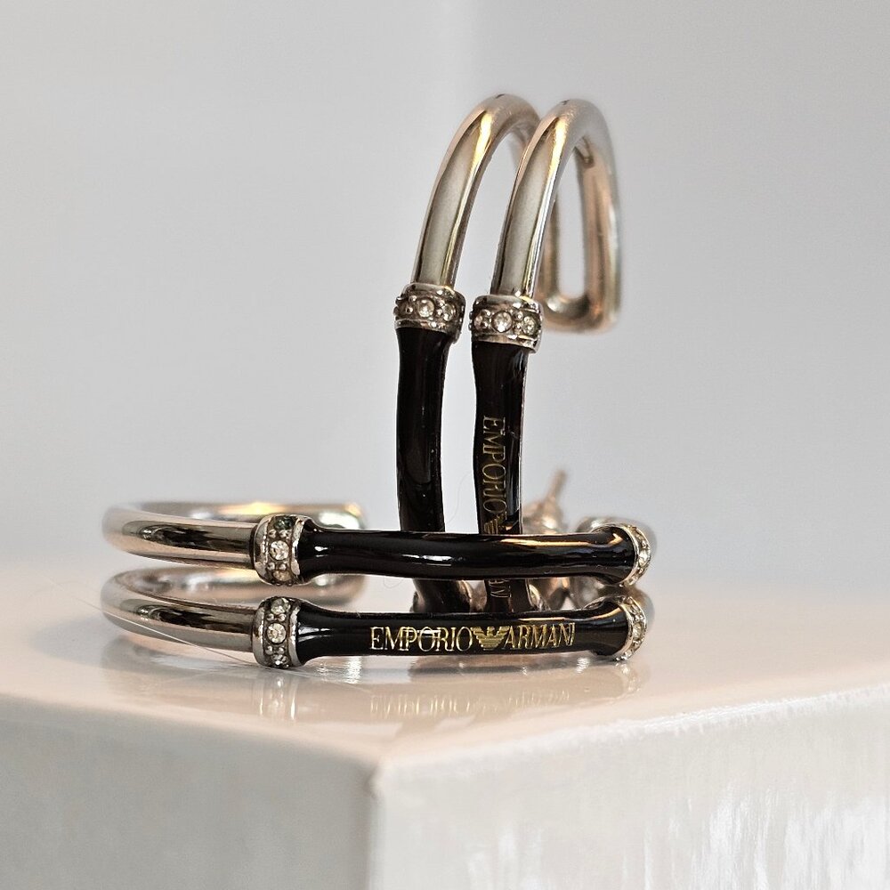 Emporio Armani Earrings Stainless Steel Black Enamel Rhinestone Hoop Logo